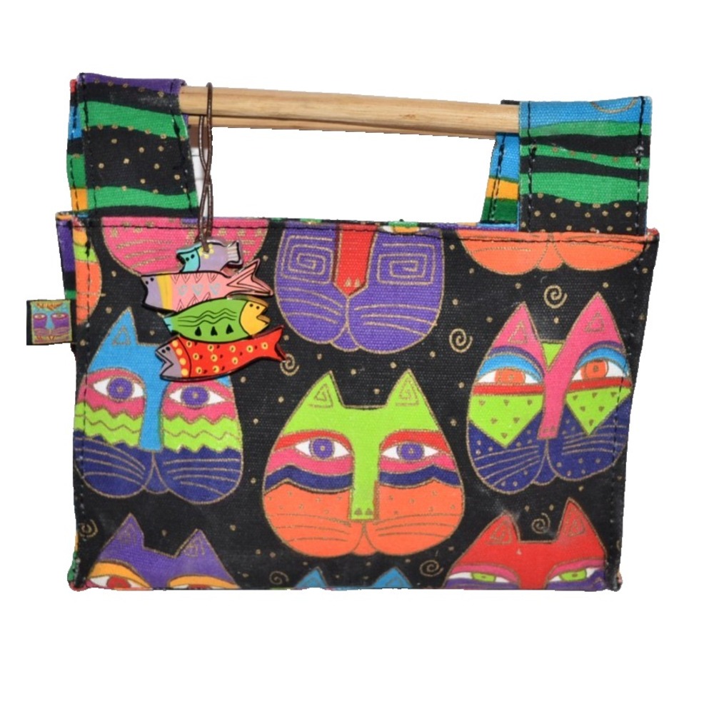 Laurel Burch small canvas mini tote w/ wood handles colorful Cats